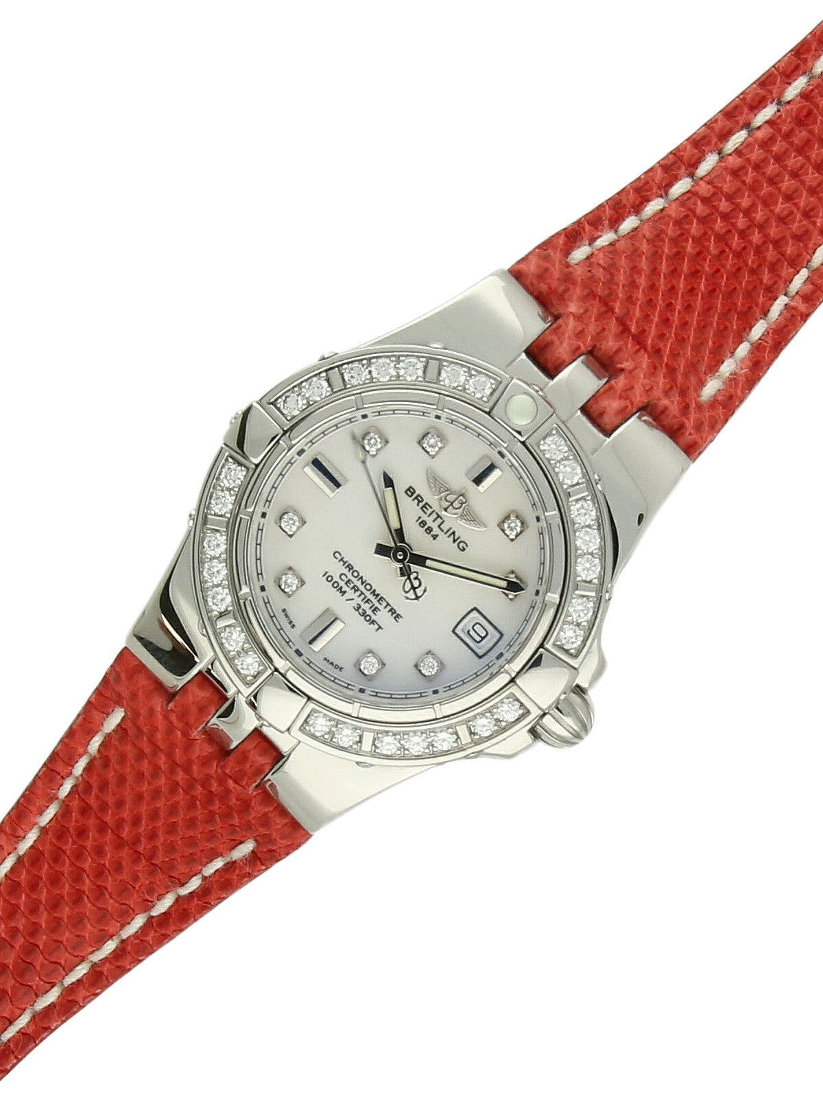 Pre Owned Breitling Galactic 30 Steel Quartz 30mm Watch on Red Leather Strap