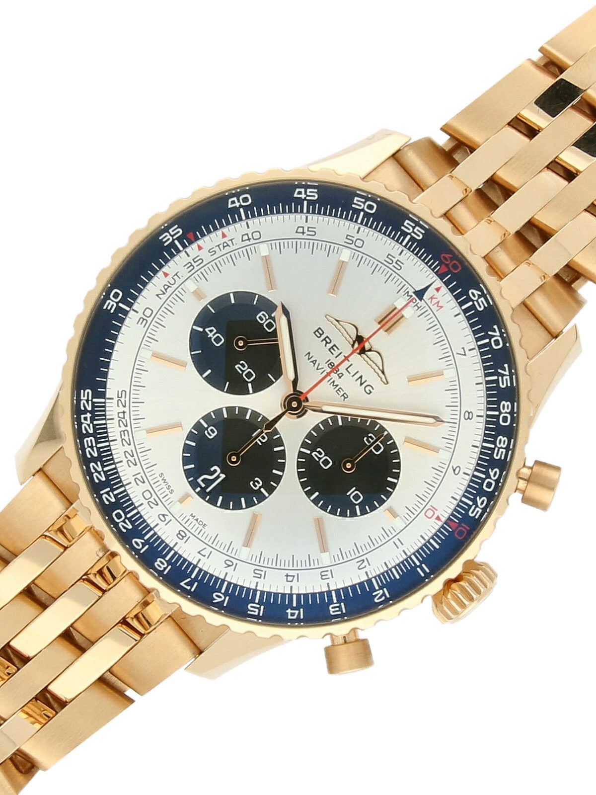 Pre Owned Breitling Navitimer 18ct Rose Gold Automatic Watch 46mm on 18ct Rose Gold Bracelet