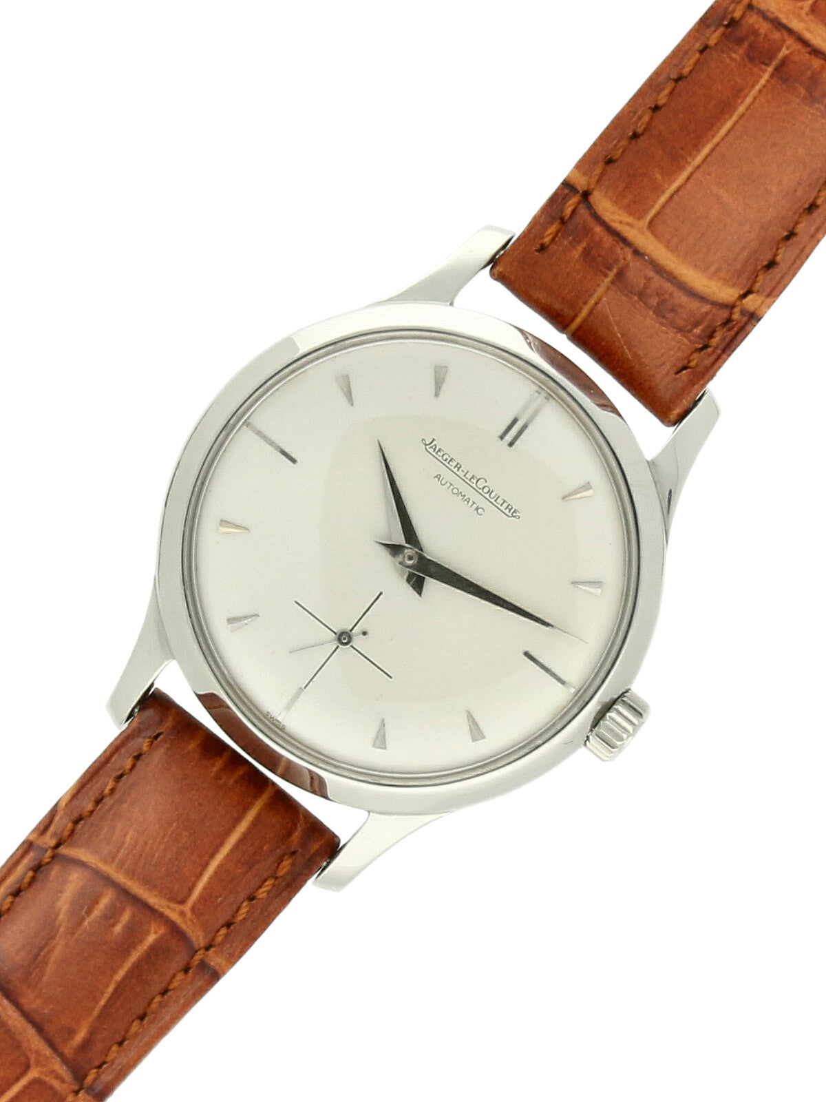 Pre Owned Jaeger LeCoultre Steel Automatic 34mm Watch on Brown Leather Strap
