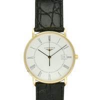 Pre Owned Longines Presence 18ct Yellow Gold Quartz 33.5mm Watch on Black Leather Strap