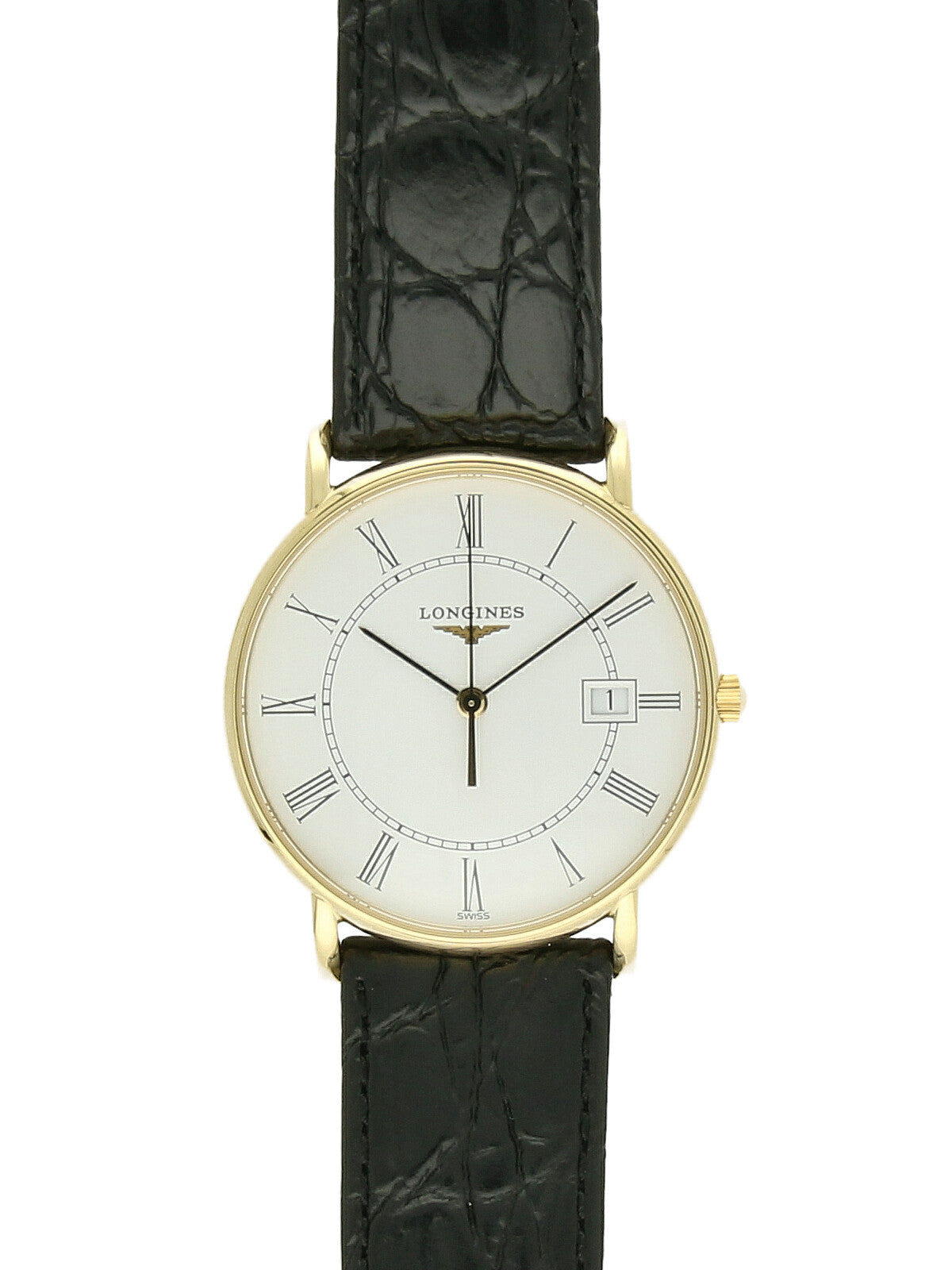 Pre Owned Longines Presence 18ct Yellow Gold Quartz 33.5mm Watch on Black Leather Strap Brufords W.Bruford