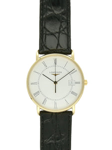 Pre Owned Longines Presence 18ct Yellow Gold Quartz 33.5mm Watch on Black Leather Strap