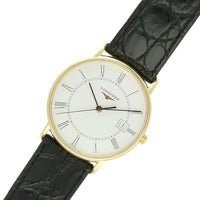 Pre Owned Longines Presence 18ct Yellow Gold Quartz 33.5mm Watch on Black Leather Strap