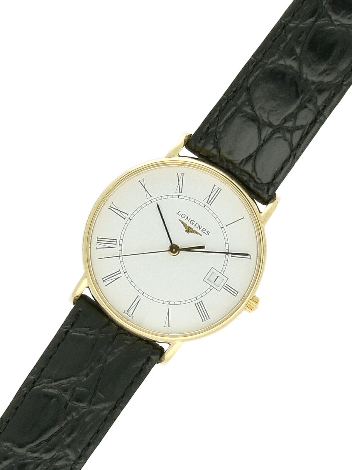 Pre Owned Longines Presence 18ct Yellow Gold Quartz 33.5mm Watch on Black Leather Strap