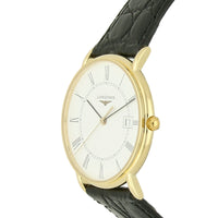 Pre Owned Longines Presence 18ct Yellow Gold Quartz 33.5mm Watch on Black Leather Strap