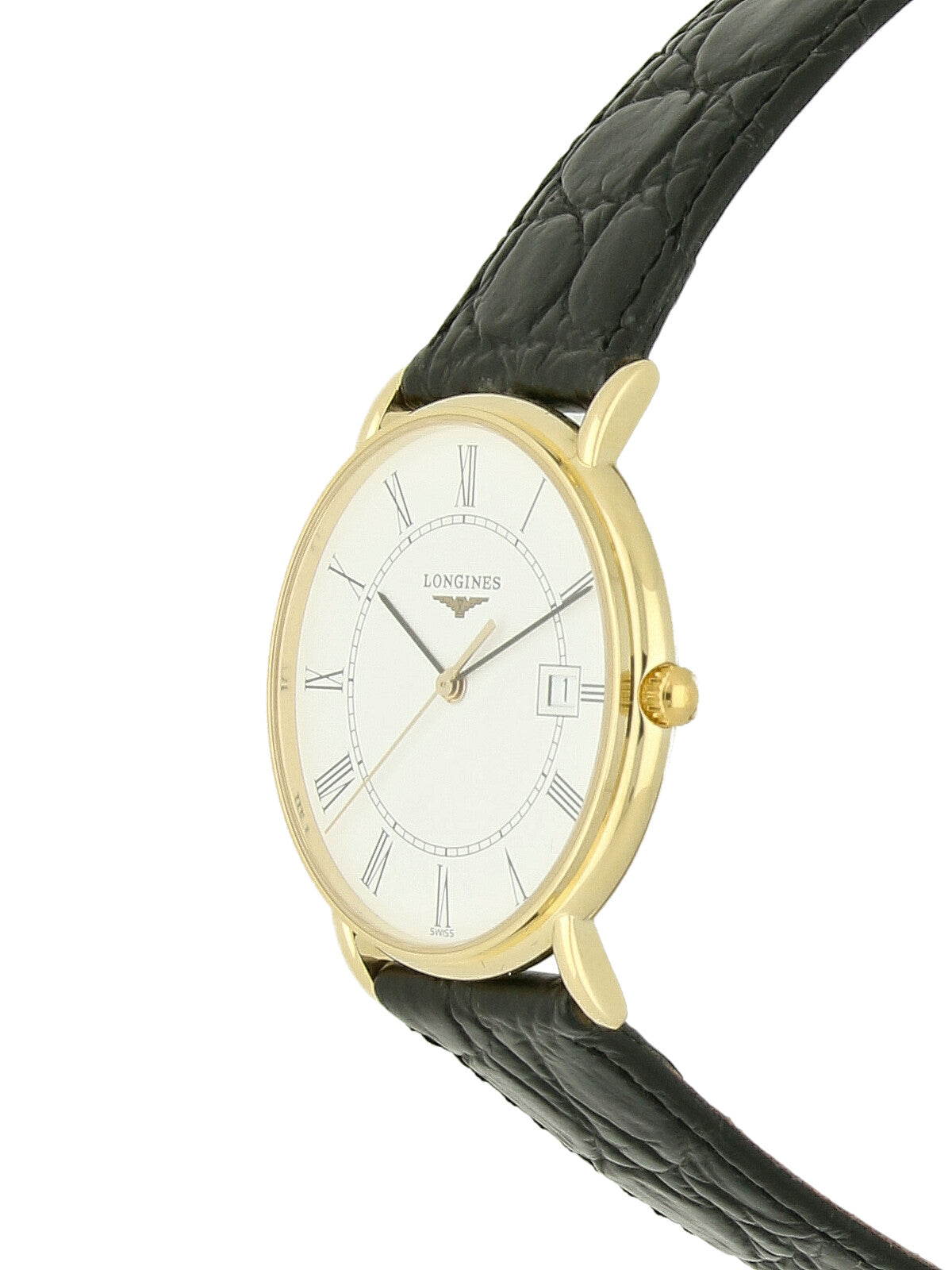 Pre Owned Longines Presence 18ct Yellow Gold Quartz 33.5mm Watch on Black Leather Strap