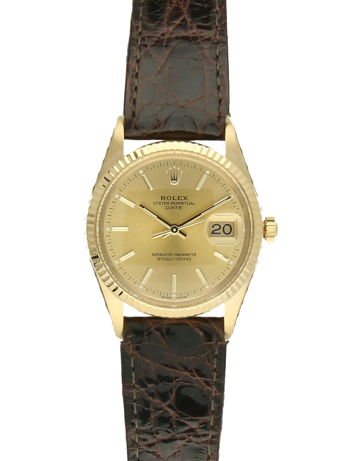 Pre Owned Rolex Oyster Perpetual 18ct Yellow Gold Automatic 34mm Watch on Brown Leather Strap