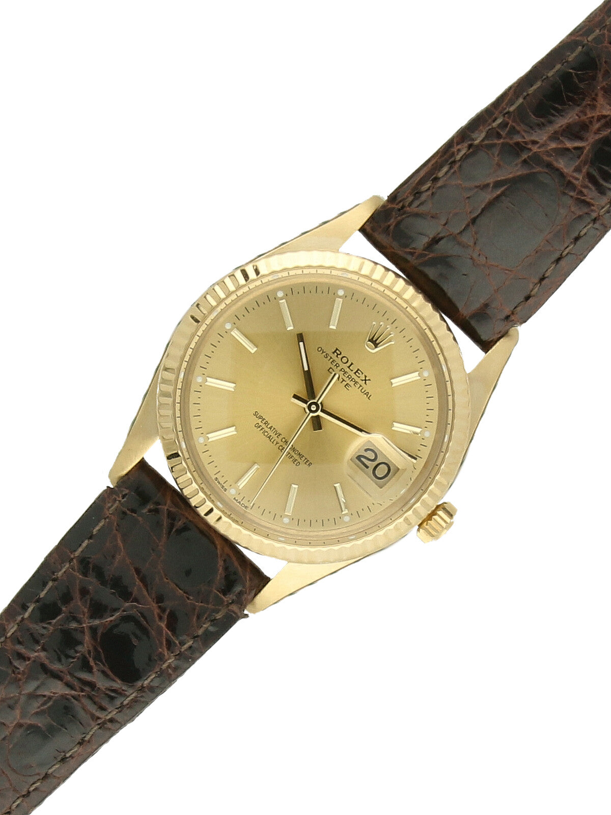 Pre Owned Rolex Oyster Perpetual 18ct Yellow Gold Automatic 34mm Watch on Brown Leather Strap