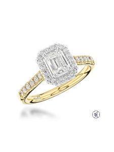 Skye Emerald Diamond Halo Ring in 18ct Yellow Gold & Platinum with Diamond Set Shoulders