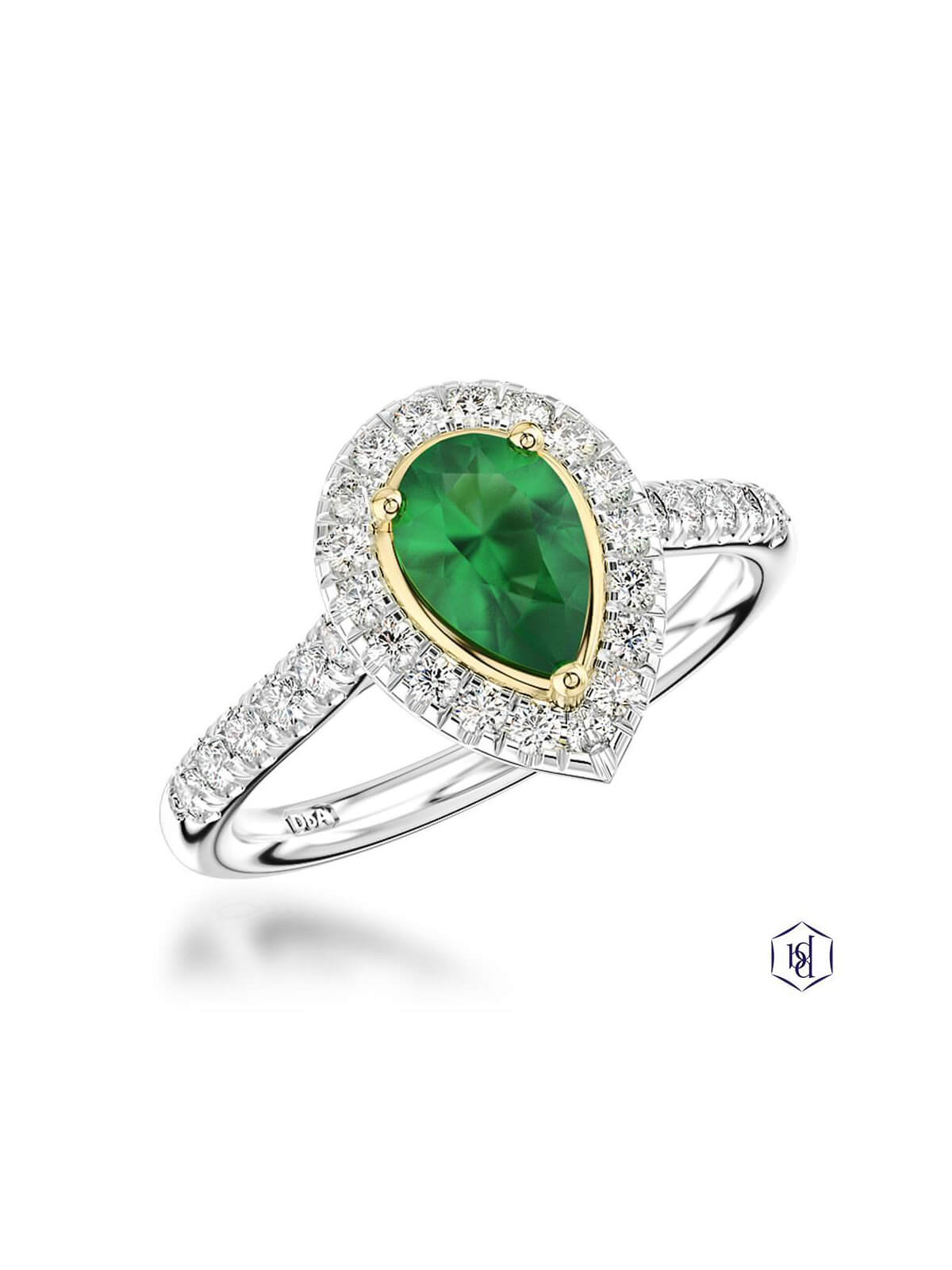 Skye Pear Emerald & Diamond Cluster Ring in Platinum & 18ct Yellow Gold with Diamond Set Shoulders