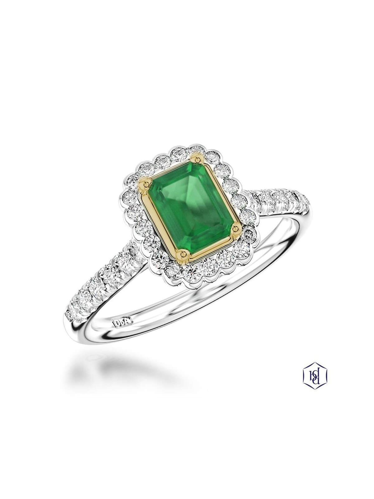 Faroe Emerald Emerald & Diamond Cluster Ring in Platinum & 18ct Yellow Gold with Diamond Set Shoulders