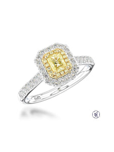 Skye Duo Radiant Yellow Diamond & Diamond Cluster Ring in Platinum & 18ct Yellow Gold with Diamond Set Shoulders