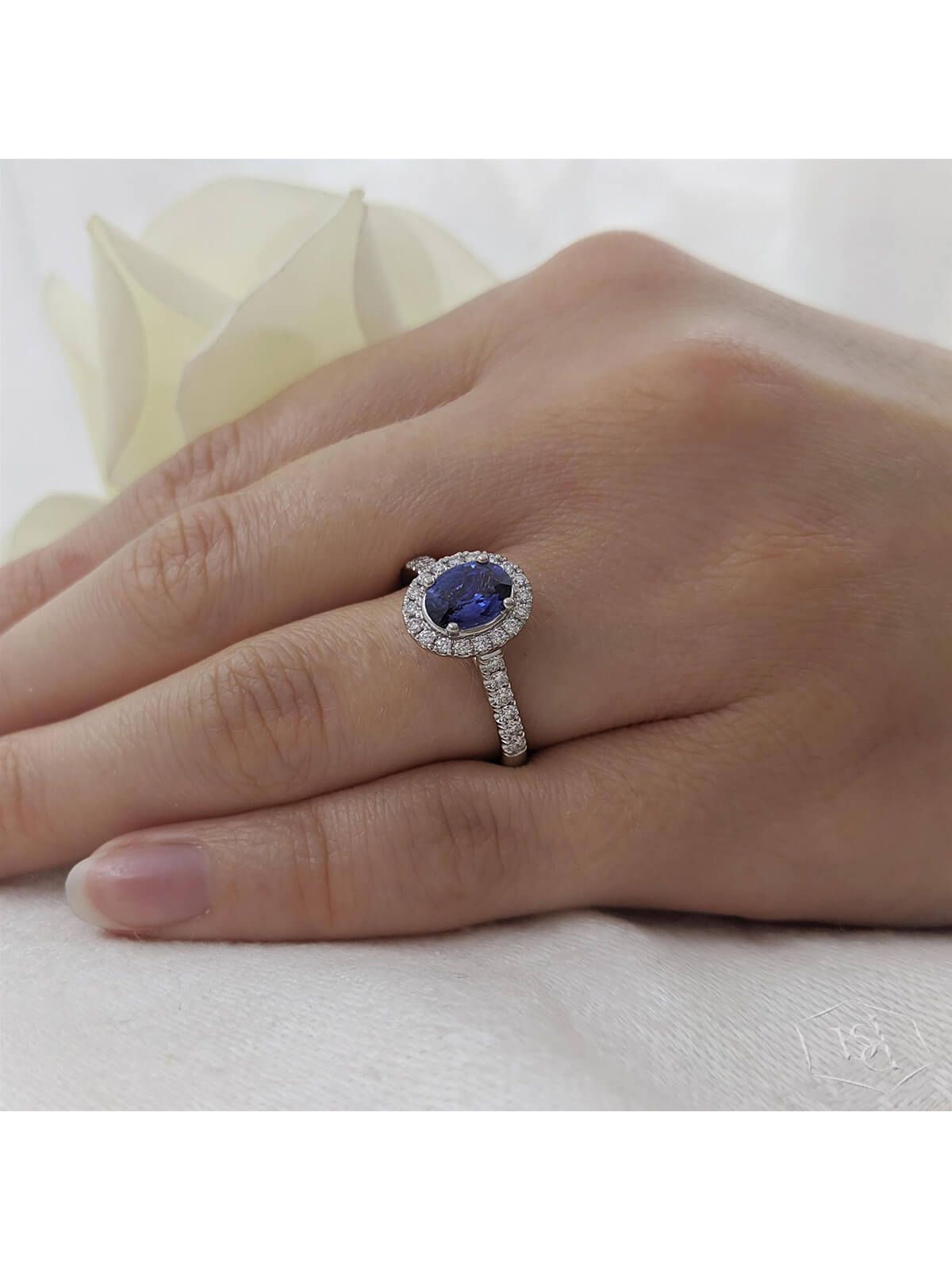 Skye Oval Sapphire & Diamond Cluster Ring in Platinum with Diamond Set Shoulders