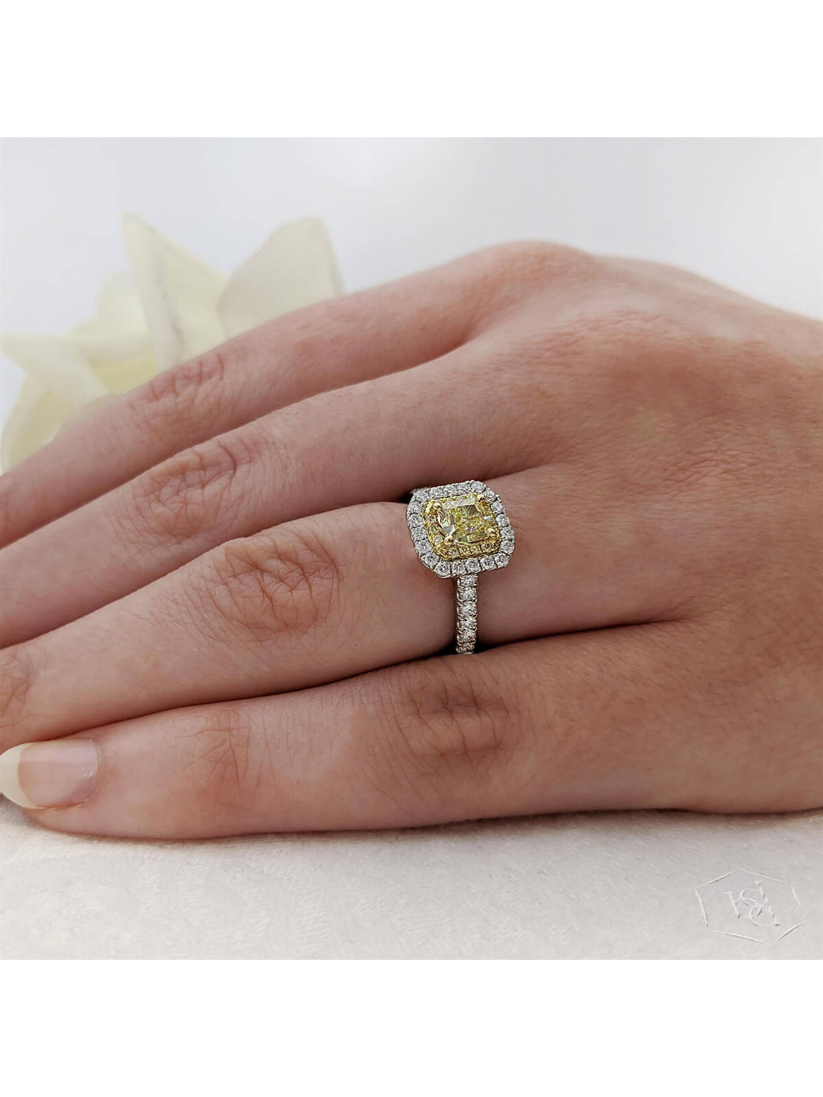 Skye Duo Radiant Yellow Diamond & Diamond Cluster Ring in Platinum & 18ct Yellow Gold with Diamond Set Shoulders