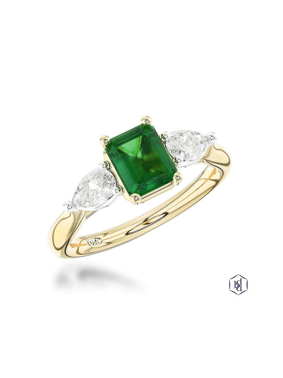 Florentine Emerald Emerald & Diamond Three Stone Ring in 18ct Yellow Gold & Platinum