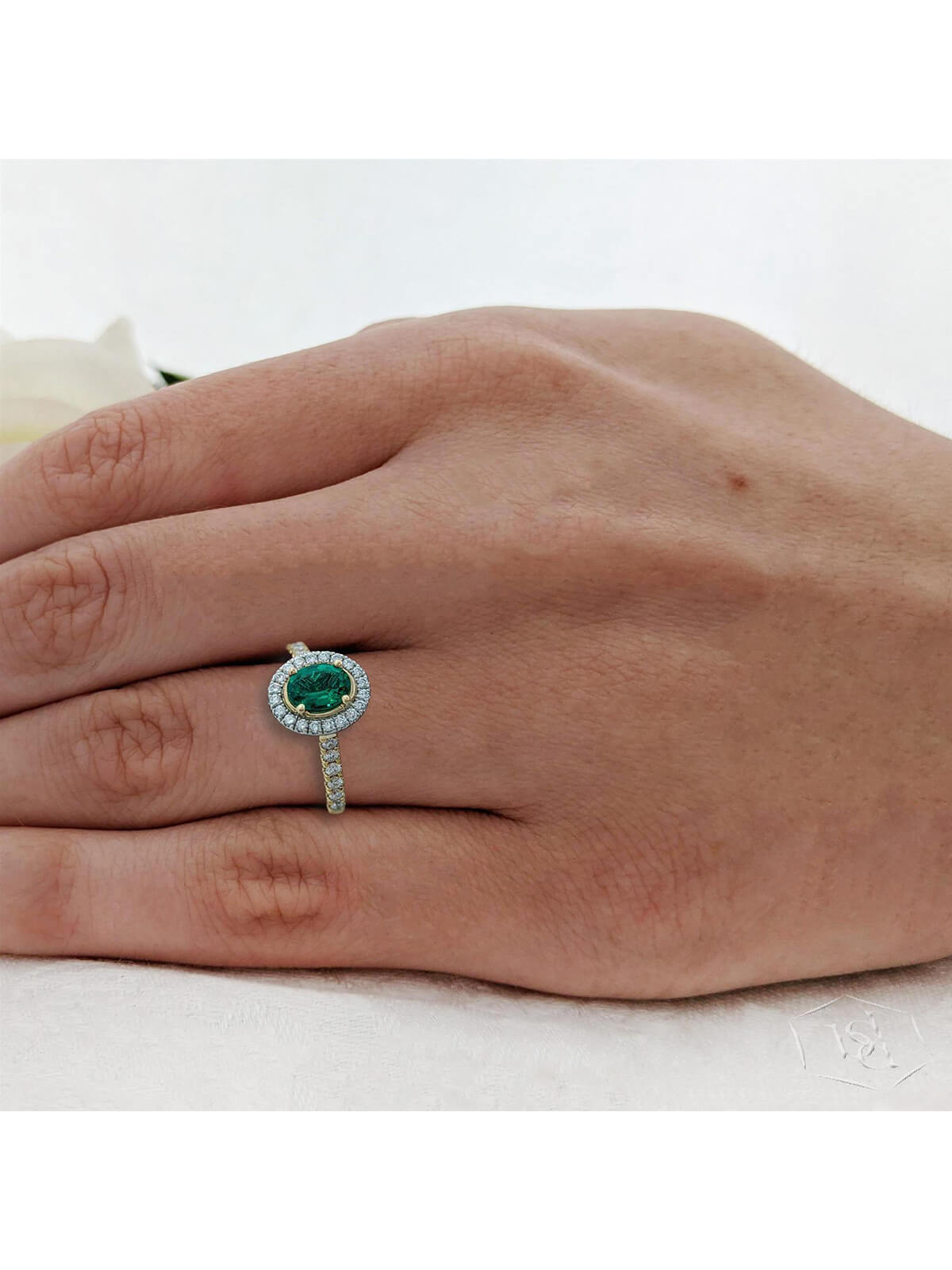 Skye Oval Emerald & Diamond Cluster Ring in 18ct Yellow Gold & Platinum with Diamond Set Shoulders