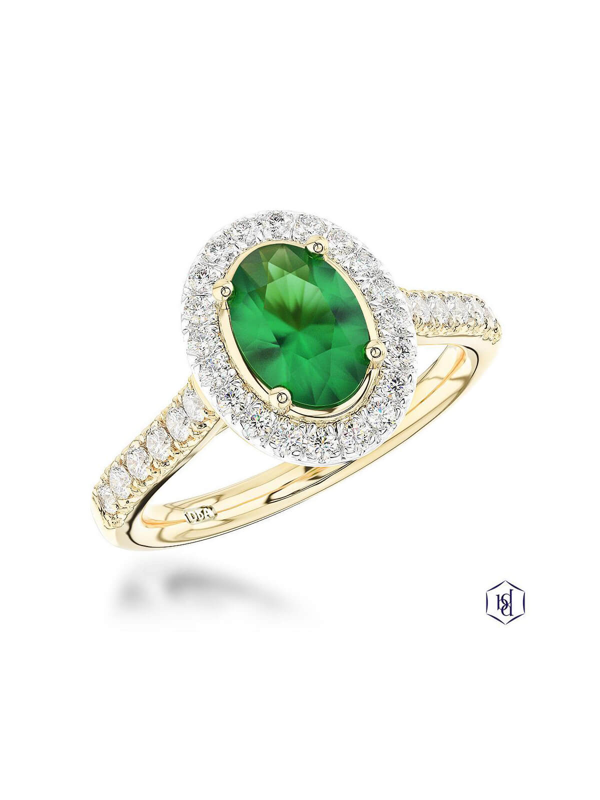 Skye Oval Emerald & Diamond Cluster Ring in 18ct Yellow Gold & Platinum with Diamond Set Shoulders