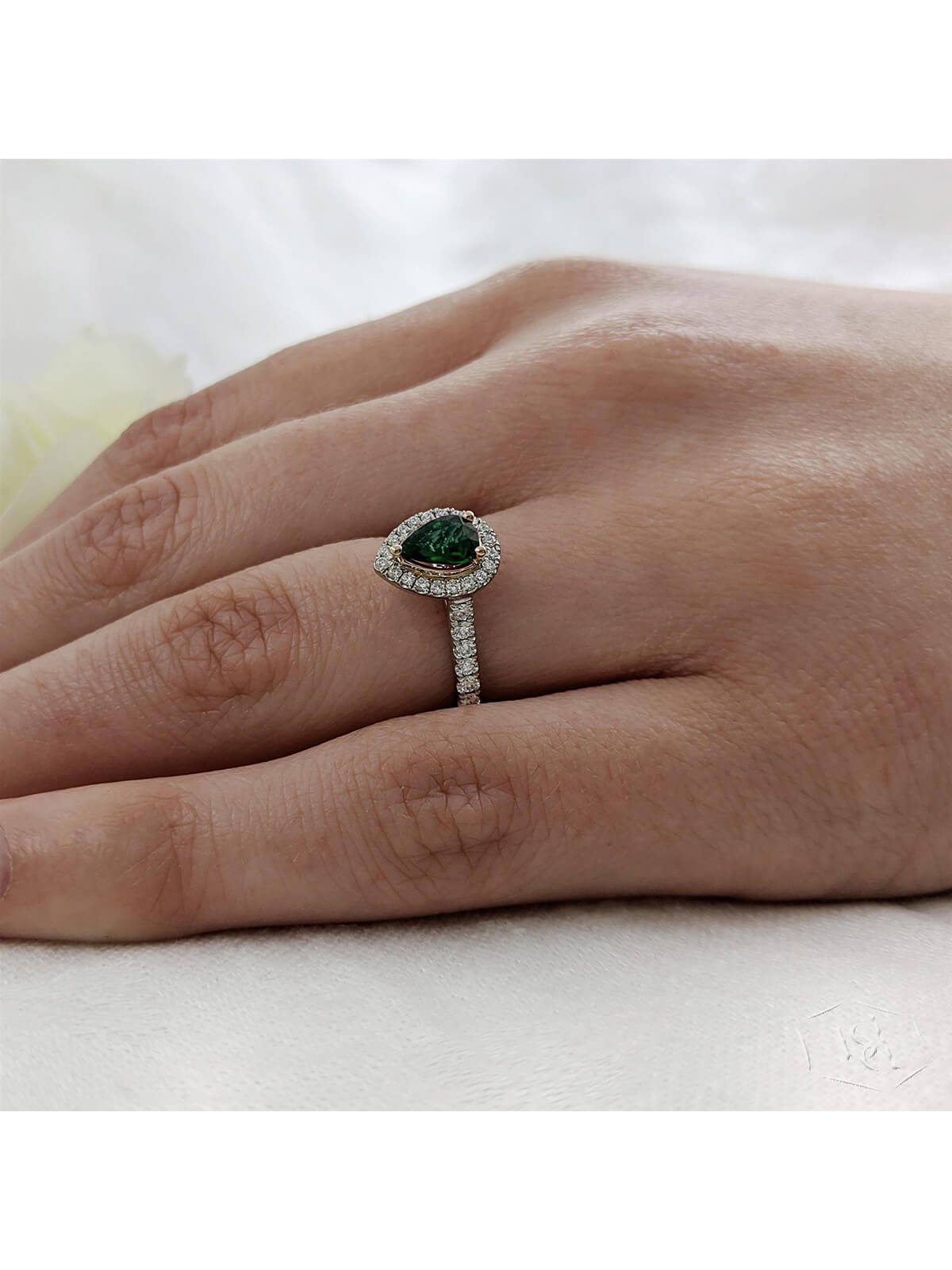 Skye Pear Emerald & Diamond Cluster Ring in Platinum & 18ct Yellow Gold with Diamond Set Shoulders