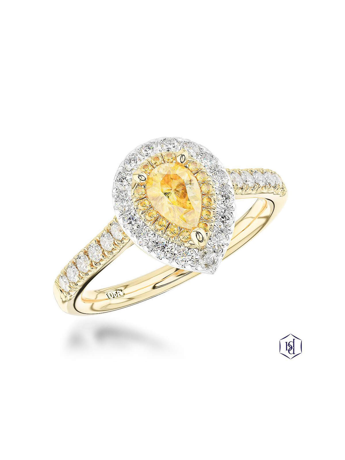 Skye Duo Pear Yellow Diamond & Diamond Halo Ring in 18ct Yellow Gold & Platinum with Diamond Set Shoulders