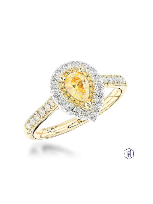 Skye Duo Pear Yellow Diamond & Diamond Halo Ring in 18ct Yellow Gold & Platinum with Diamond Set Shoulders