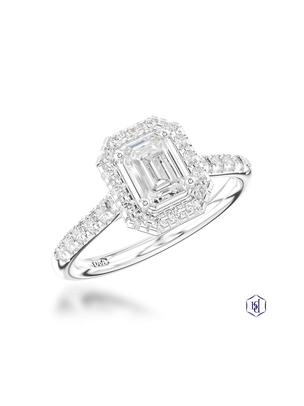 Skye Emerald Diamond Halo Ring in Platinum with Diamond Set Shoulders