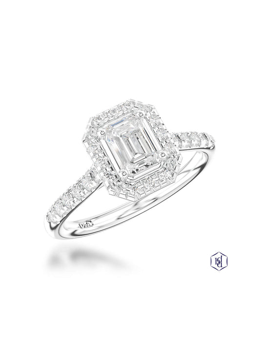 Skye Emerald Diamond Halo Ring in Platinum with Diamond Set Shoulders