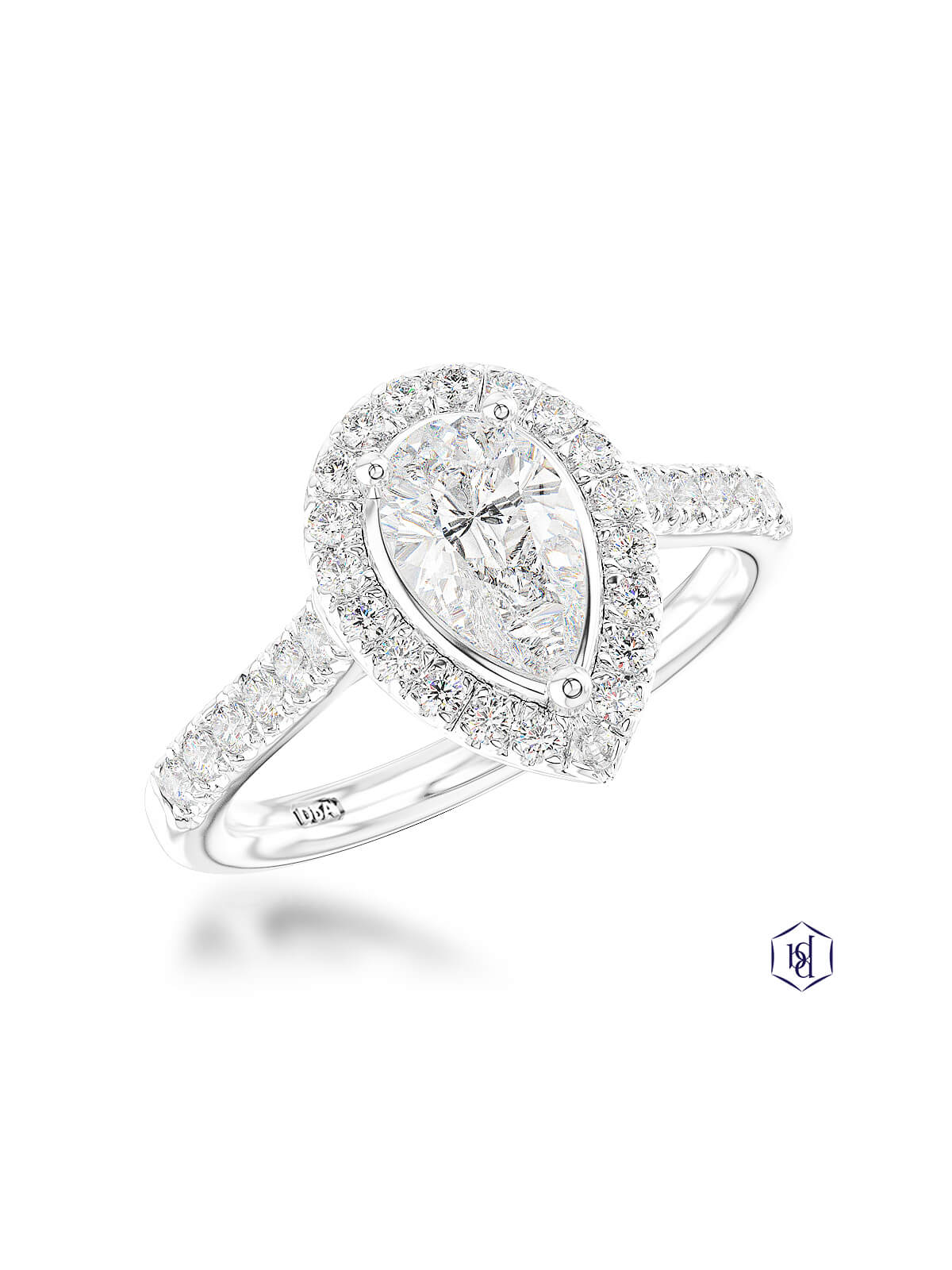 Skye Pear Diamond Halo Ring in Platinum with Diamond Set Shoulders