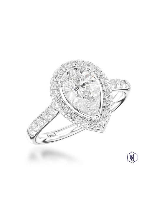 Skye Pear Diamond Halo Ring in Platinum with Diamond Set Shoulders