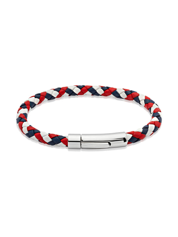 Unique & Co. 21mm Red, White & Blue Leather Bracelet with Steel Clasp