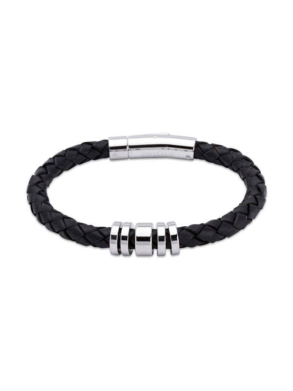 Unique & Co. 21cm Black Leather Bracelet with Steel Elements