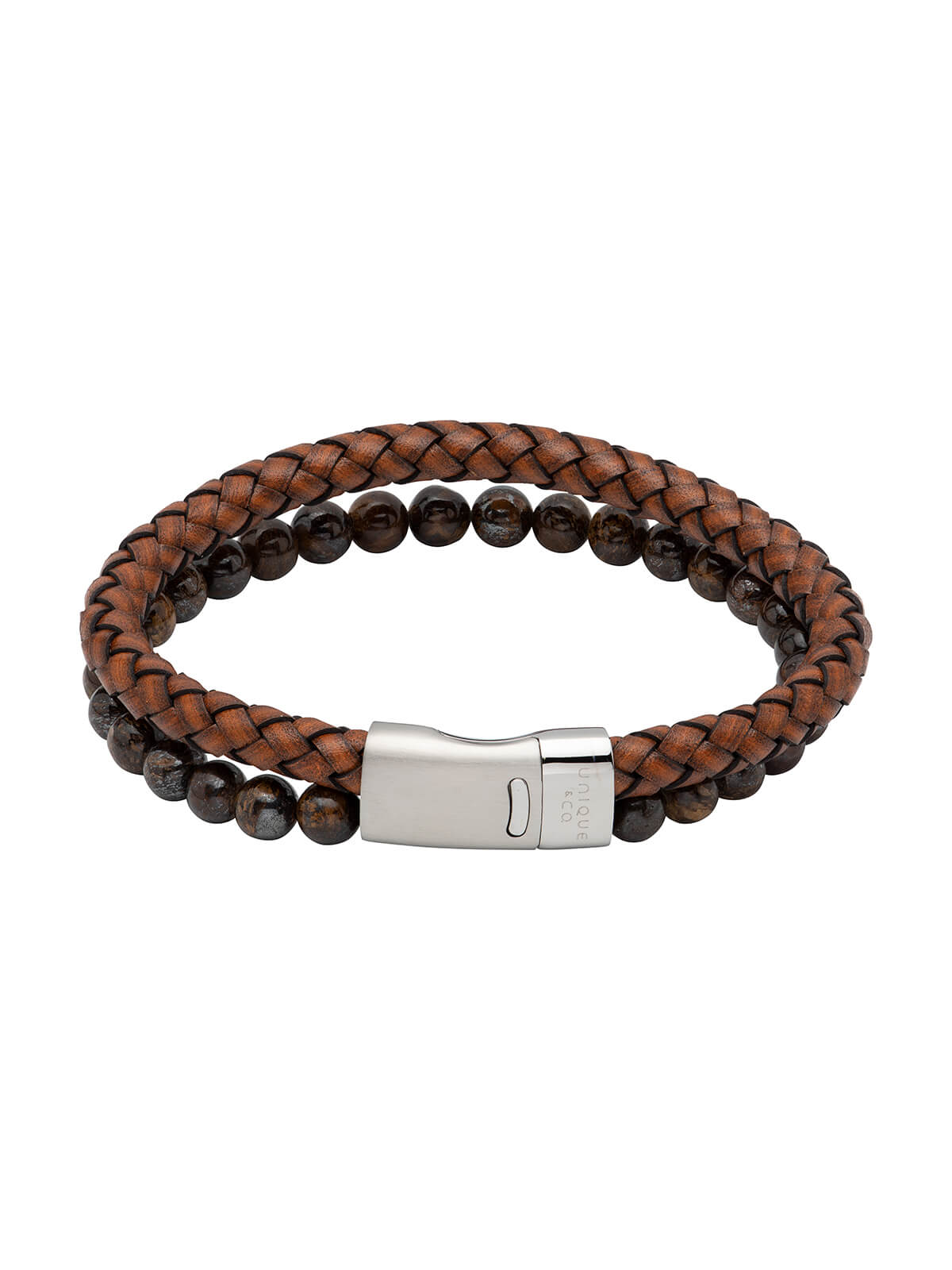 Unique & Co. 21cm Dark Brown Leather & Tiger's Eye Bead Bracelet with Steel Clasp