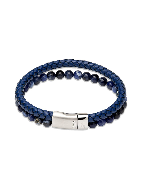 Unique & Co. 21cm Blue Leather & Bead Bracelet with Steel Clasp