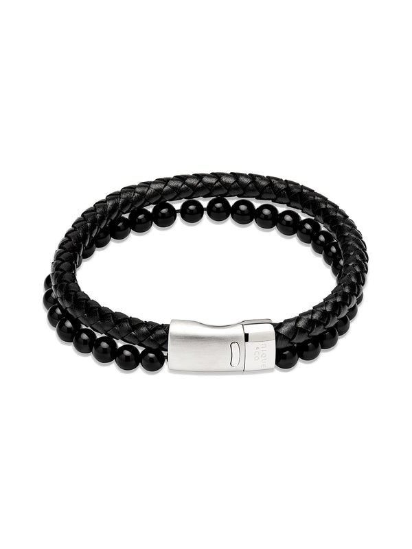 Unique & Co. 21cm Black Leather & Onyx Bead Bracelet with Steel Clasp