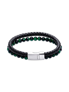 Unique & Co. 21cm Black Leather & Green Tiger's Eye Bead Bracelet with Steel Clasp