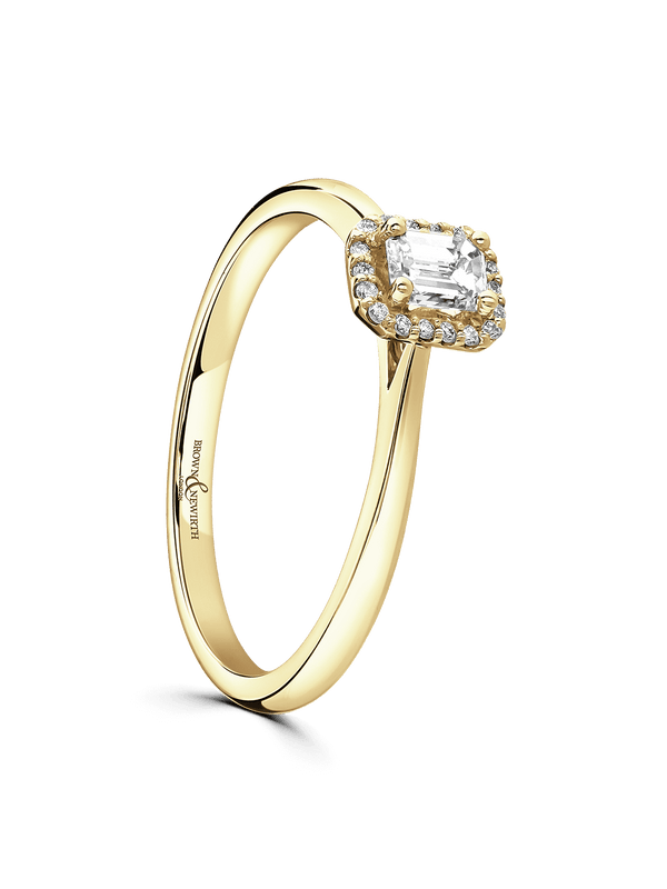 Diamond Halo Engagement Ring 0.30ct Certificated Emerald Cut in 18ct Yellow Gold