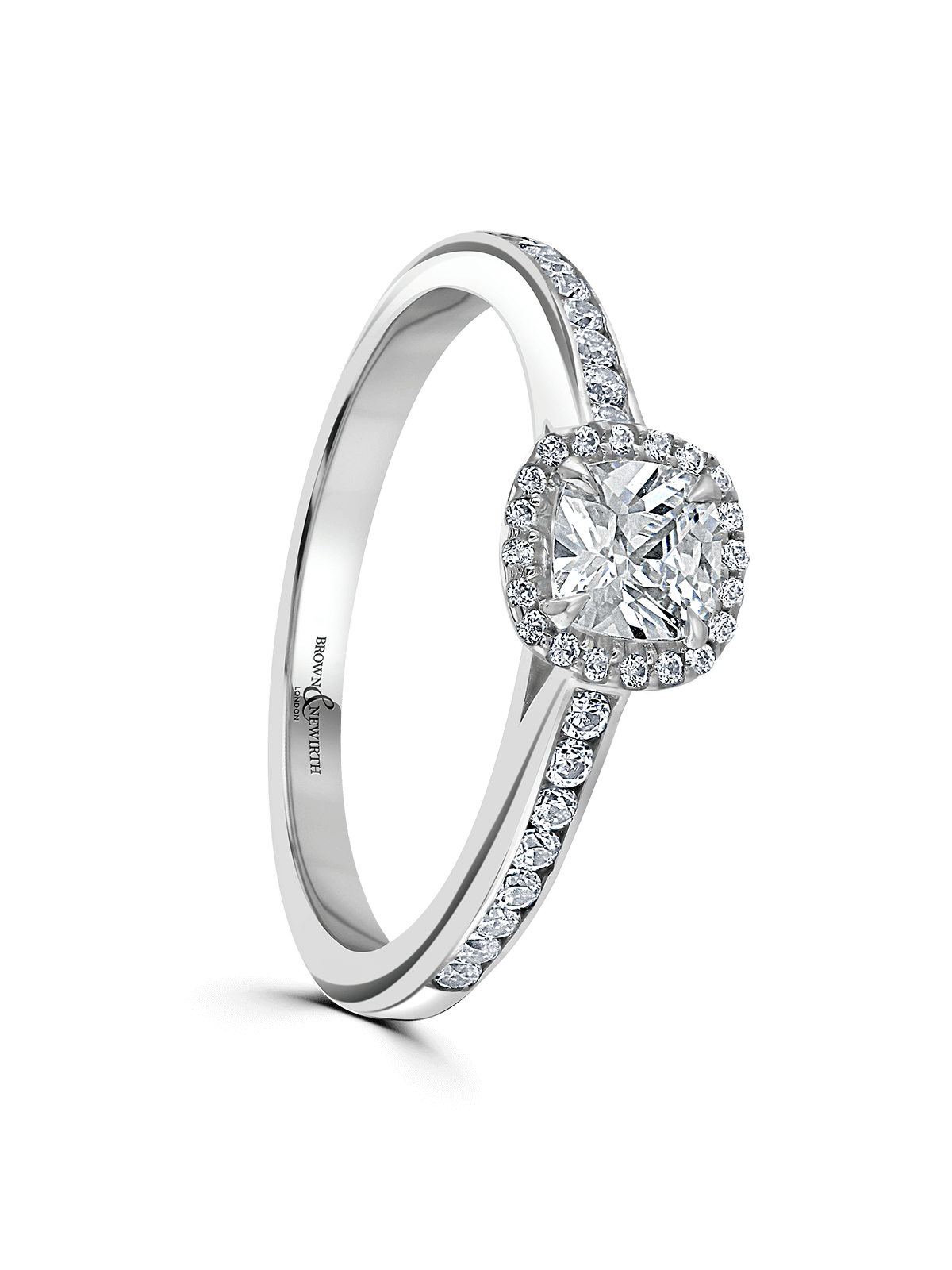 Diamond Halo Engagement Ring 0.50ct Certificated Cushion Cut in Platinum with Diamond Shoulders