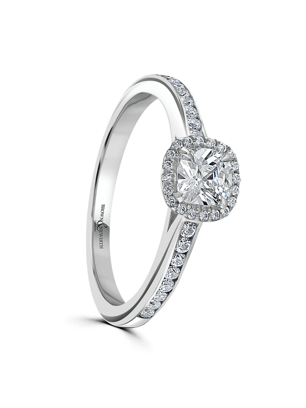 Diamond Halo Engagement Ring 0.50ct Certificated Cushion Cut in Platinum with Diamond Shoulders