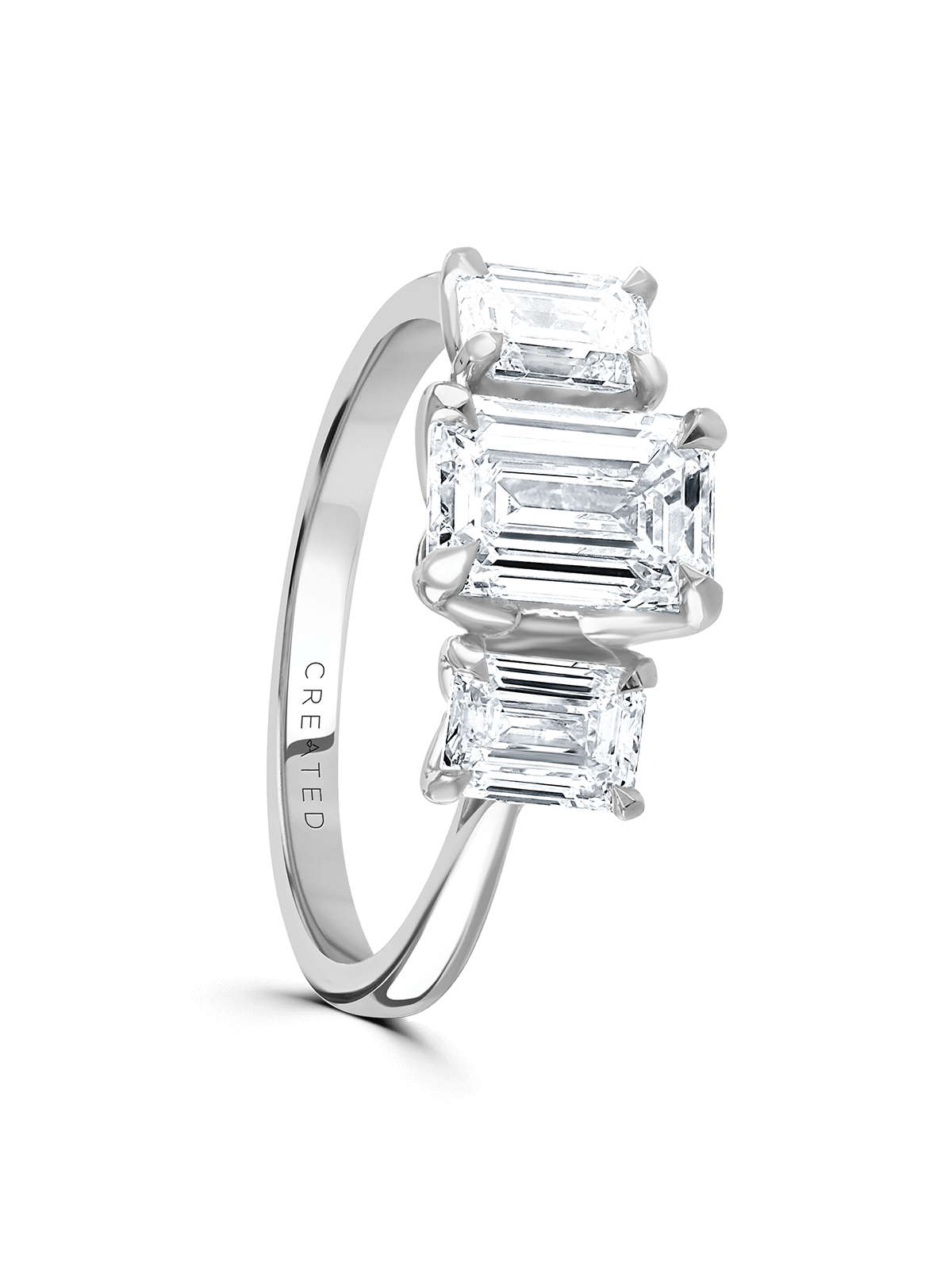 "Peony" Approx 2.50ct Emerald Cut Lab Grown Diamond Three Stone Ring in Platinum