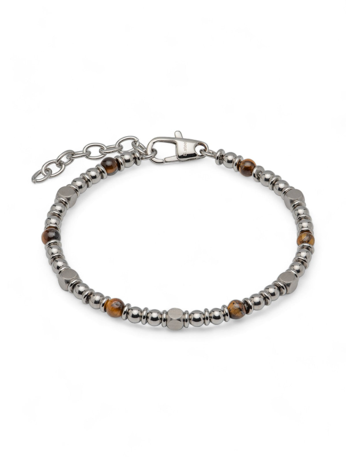 Unique & Co. 21cm Steel & Tiger Eye Beaded Bracelet with Extension