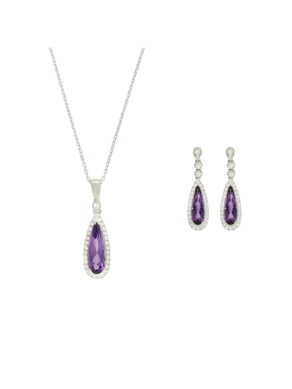 Amethyst & Diamond Pendant & Earrings Set in 18ct White Gold