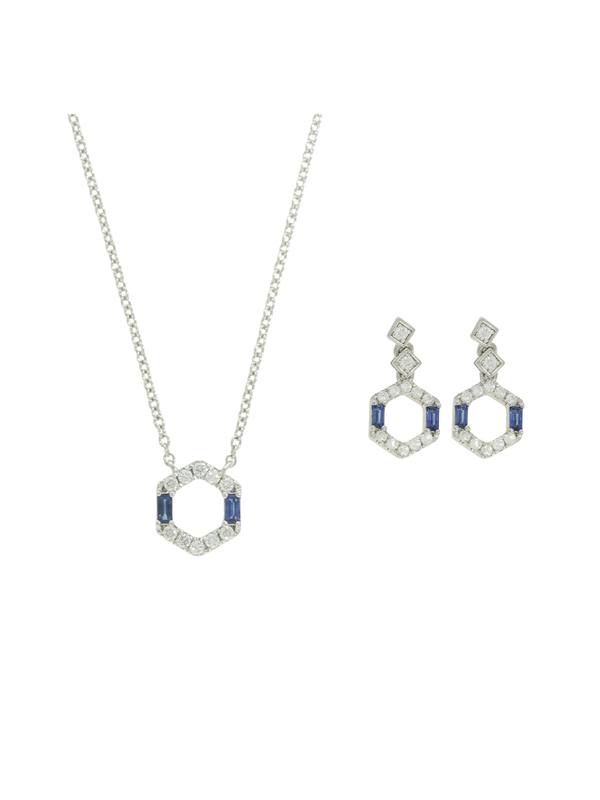 Sapphire & Diamond Pendant & Earrings Set in 18ct White Gold