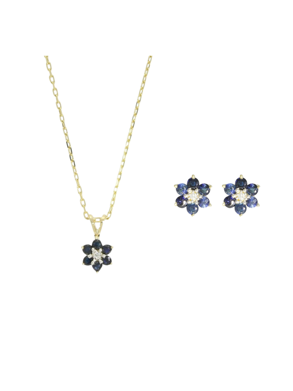 Sapphire & Diamond Pendant & Earrings Set in 9ct Yellow Gold