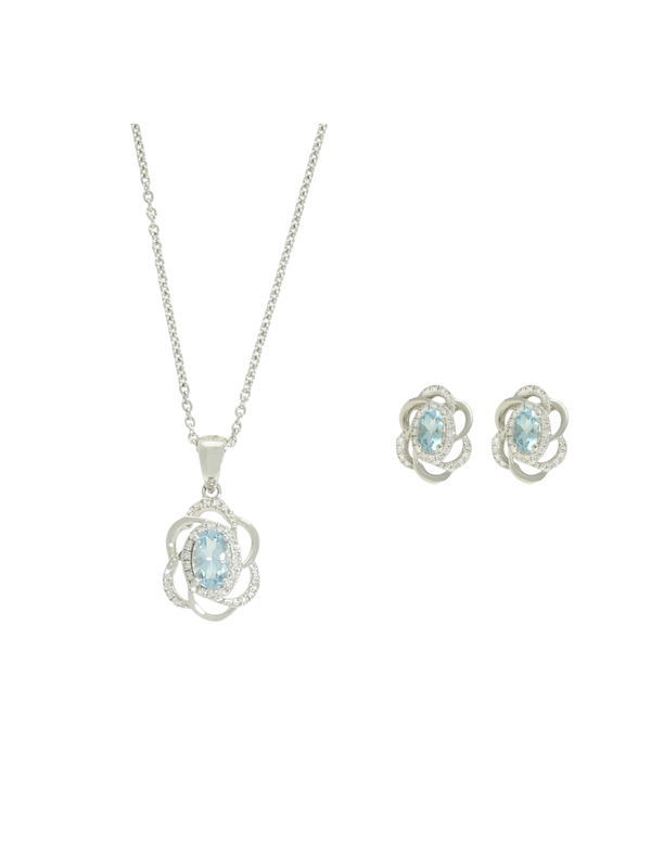 Aquamarine & Diamond Pendant & Earrings Set in 18ct White Gold