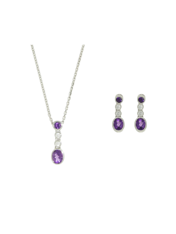 Amethyst & Diamond Pendant & Earrings Set in 18ct White Gold