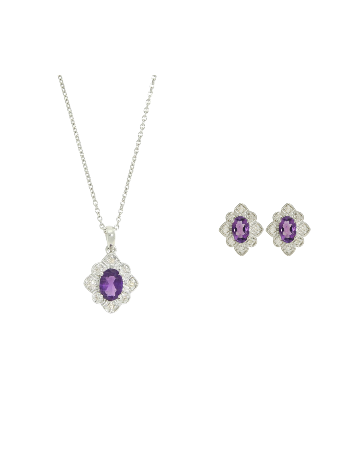 Amethyst & Diamond Pendant & Earrings Set in 9ct White Gold