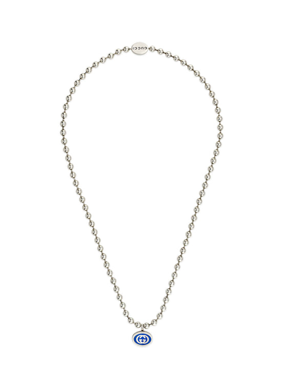 Gucci Interlocking G Boule Silver & Blue Enamel Necklace 45cm
