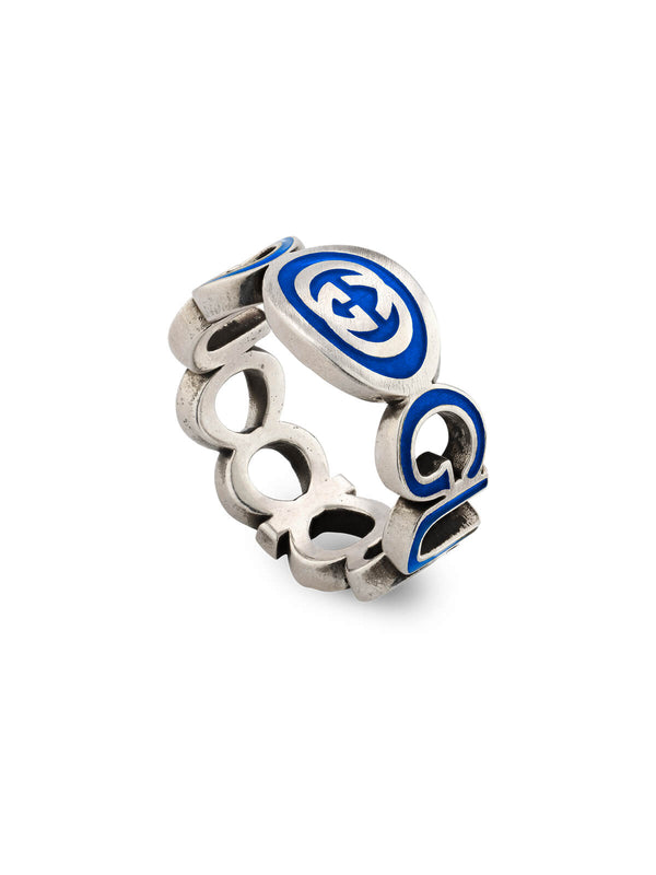 Gucci Interlocking G Ring in Silver & Blue Enamel - Size 18