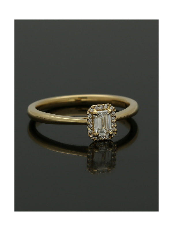 Diamond Halo Engagement Ring 0.30ct Certificated Emerald Cut in 18ct Yellow Gold