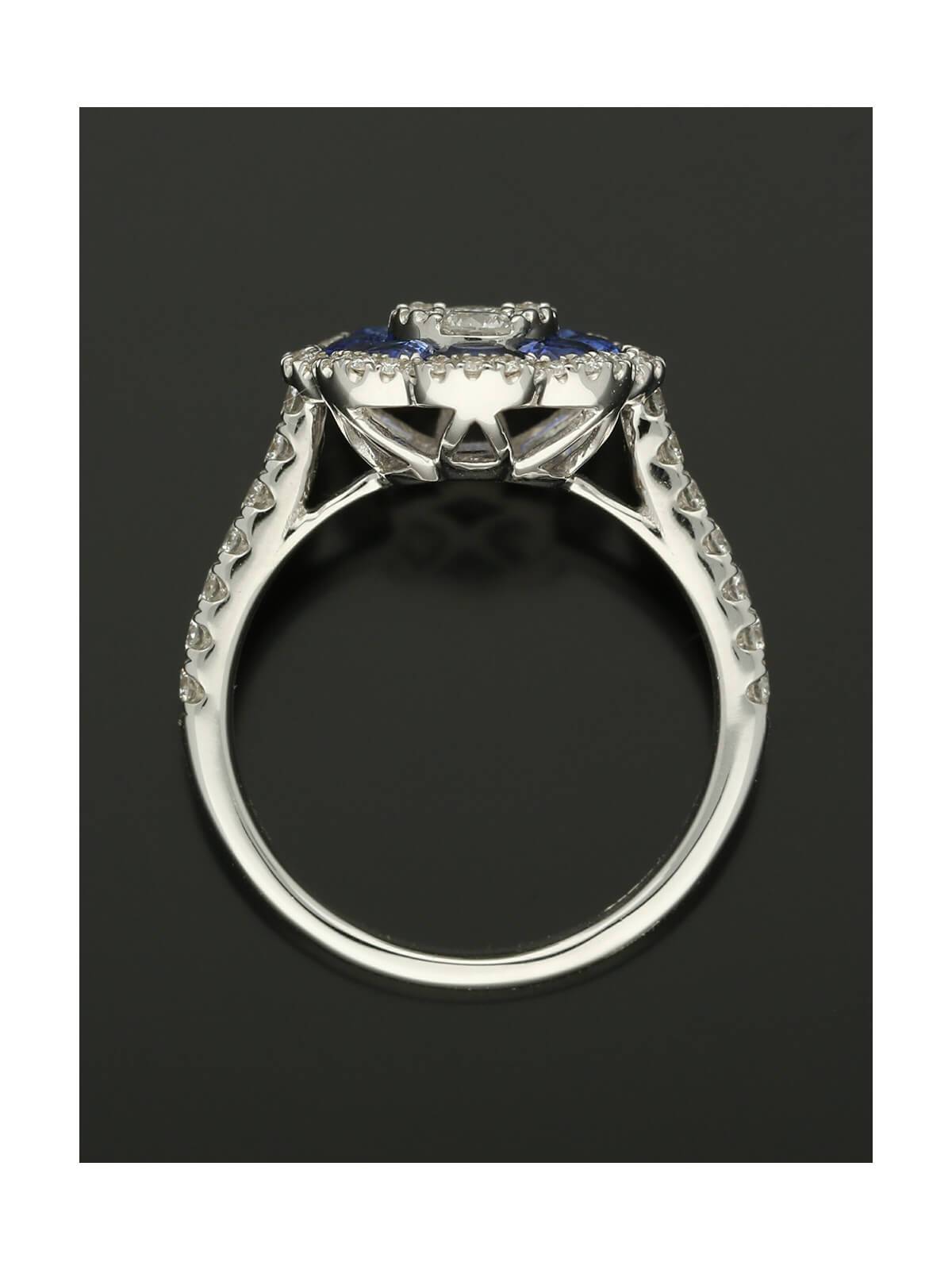 Sapphire & Diamond Cluster Ring in 18ct White Gold with Diamond Set Shoulders