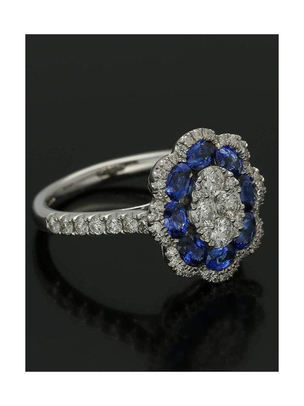 Sapphire & Diamond Cluster Ring in 18ct White Gold with Diamond Set Shoulders